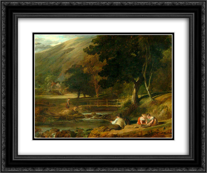 Borrowdale, Cumberland, with Children Playing by the Banks of a Brook 24x20 Black Ornate Wood Framed Art Print Poster with Double Matting by Collins, William