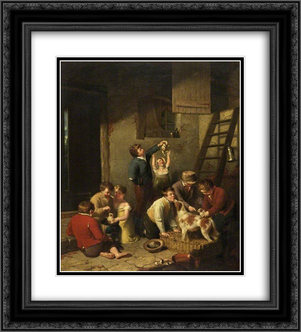 Children Playing with Puppies 20x22 Black Ornate Wood Framed Art Print Poster with Double Matting by Collins, William