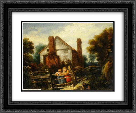 English Cottage Scene 24x20 Black Ornate Wood Framed Art Print Poster with Double Matting by Collins, William