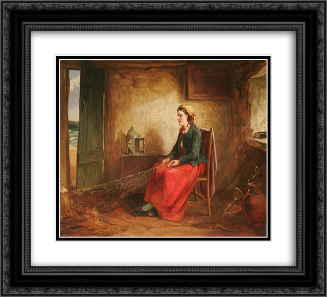 Girl Mending Nets 22x20 Black Ornate Wood Framed Art Print Poster with Double Matting by Collins, William