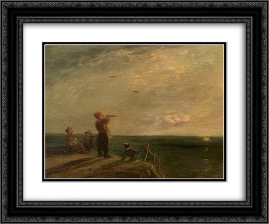 Seascape with Figures and Dog, Sunset 24x20 Black Ornate Wood Framed Art Print Poster with Double Matting by Collins, William