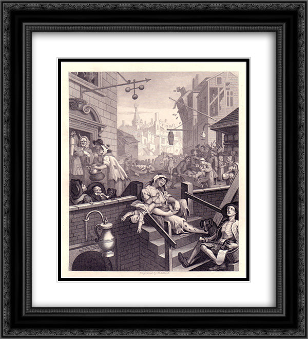 Gin Lane 20x22 Black Ornate Wood Framed Art Print Poster with Double Matting by Hogarth, William