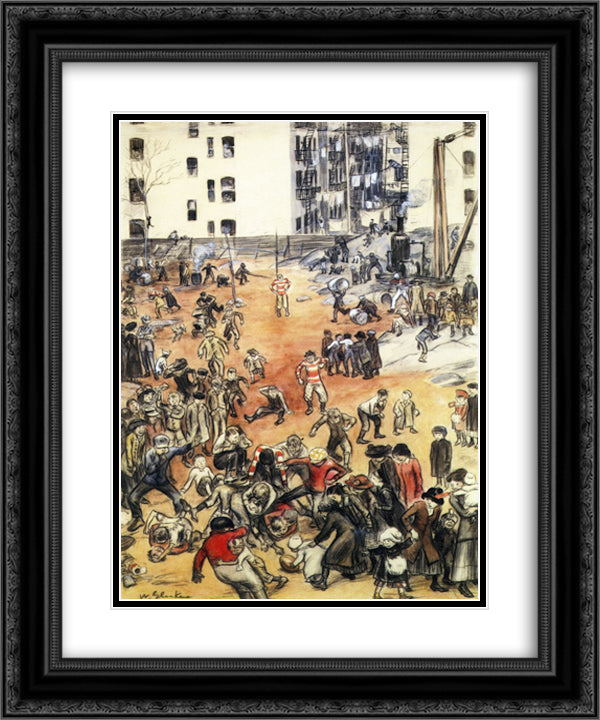 1911 For the Championship of the Backlot League 20x24 Black Ornate Wood Framed Art Print Poster with Double Matting by Glackens, William James