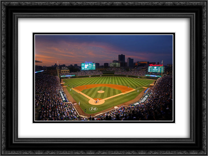 Wrigley Field 24x18 Black Ornate Wood Framed Art Print Poster with Double Matting