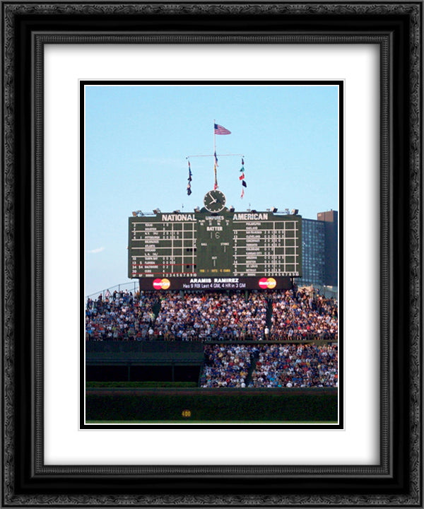 Wrigley Field Scoreboard 20x24 Black Ornate Wood Framed Art Print Poster with Double Matting