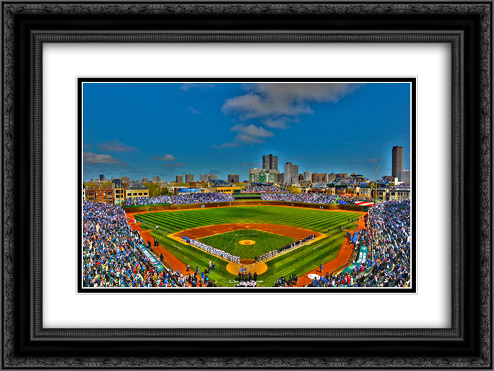 Wrigley Field 24x18 Black Ornate Wood Framed Art Print Poster with Double Matting