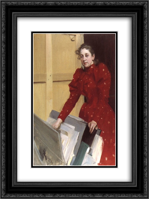 Portrait of Emma Zorn in the Paris studio 18x24 Black Ornate Wood Framed Art Print Poster with Double Matting by Zorn, Anders