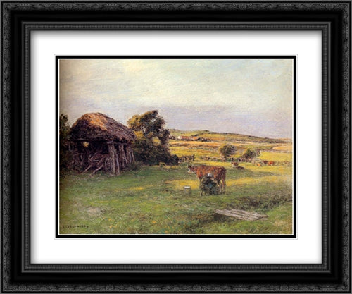 Landscape with a Peasant Woman Milking a Cow 24x20 Black Ornate Wood Framed Art Print Poster with Double Matting by L'Hermitte, Leon Augustin