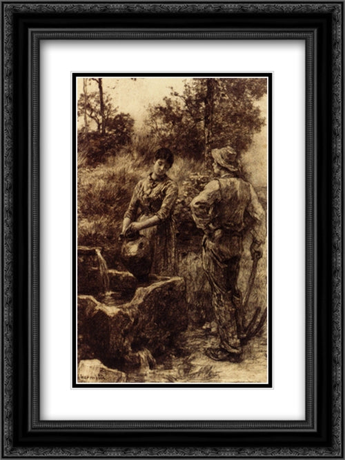 At The Well 18x24 Black Ornate Wood Framed Art Print Poster with Double Matting by L'Hermitte, Leon Augustin