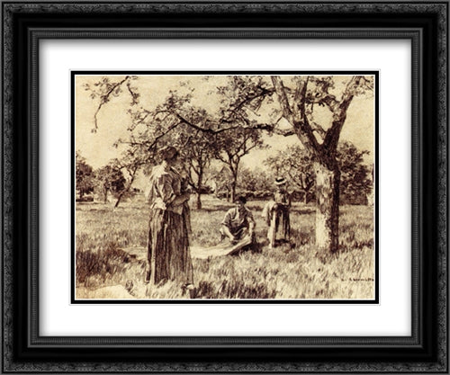 Washerwomen Setting The Linens Out To Dry 24x20 Black Ornate Wood Framed Art Print Poster with Double Matting by L'Hermitte, Leon Augustin