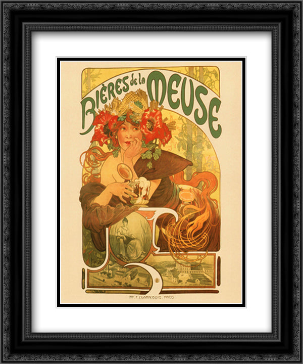 Bieres De La Meuse 15x18 Black Ornate Wood Framed Art Print Poster with Double Matting by Mucha, Alphonse