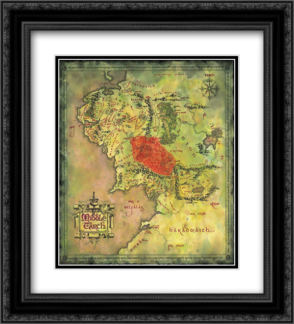 Lord of the Rings Map 14x12 Black Ornate Wood Framed Movie Poster with Double Matting