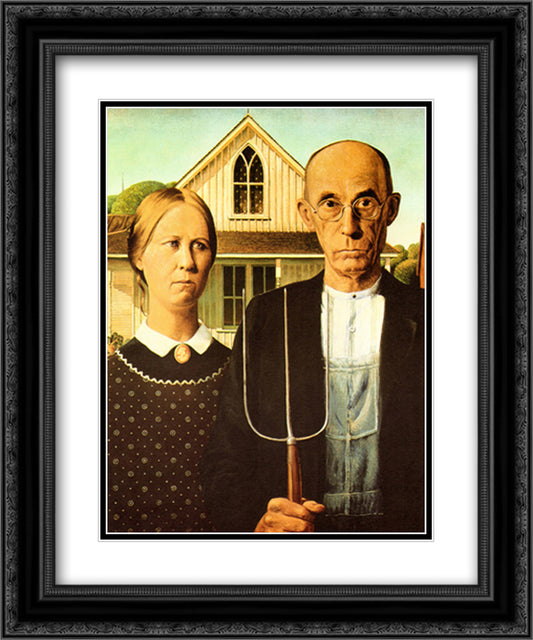 American Gothic, c.1930 16x19 Black Ornate Wood Framed Art Print Poster with Double Matting by Wood, Grant