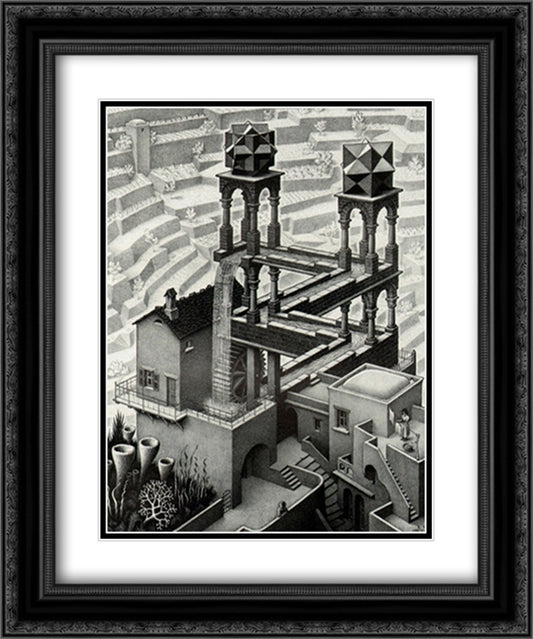 Waterfall 15x18 Black Ornate Wood Framed Art Print Poster with Double Matting by Escher, M.C.