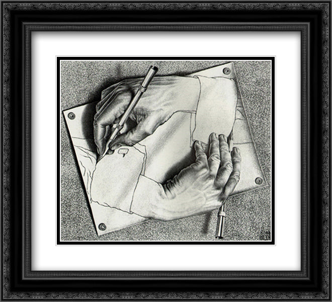 Drawing Hands 18x15 Black Ornate Wood Framed Art Print Poster with Double Matting by Escher, M.C.