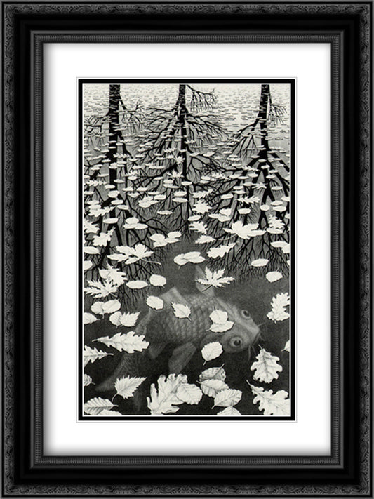 Three Worlds 15x18 Black Ornate Wood Framed Art Print Poster with Double Matting by Escher, M.C.