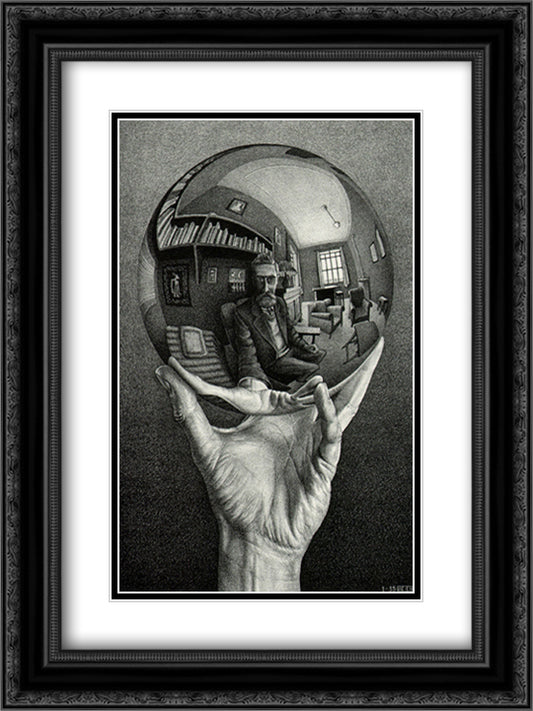 Hand with Sphere 15x18 Black Ornate Wood Framed Art Print Poster with Double Matting by Escher, M.C.