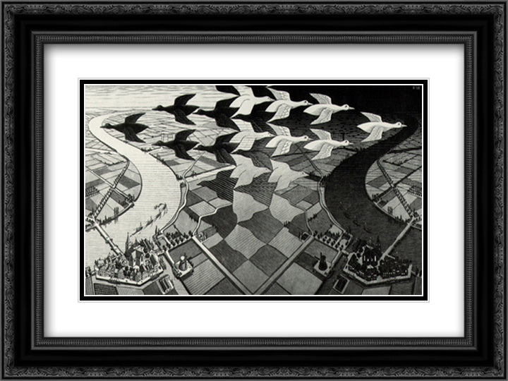 Day and Night 18x15 Black Ornate Wood Framed Art Print Poster with Double Matting by Escher, M.C.