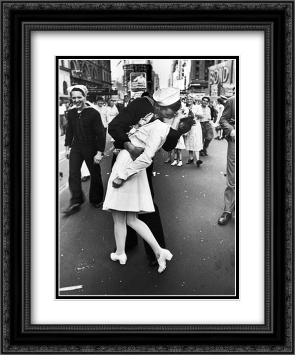 Kissing on VJ Day, Times Square, NYC 15x18 Black Ornate Wood Framed Art Print Poster with Double Matting by Eisenstaedt, Alfred
