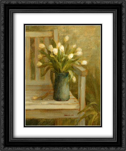 Tulip Bouquet on Bench 15x18 Black Ornate Wood Framed Art Print Poster with Double Matting by Nai, Danhui