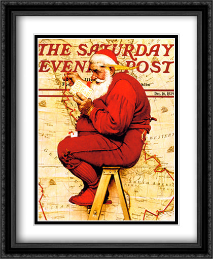 Santa At the Map 28x34 Black Ornate Wood Framed Art Print Poster with Double Matting by Rockwell, Norman