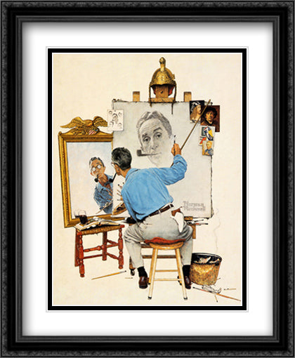 Triple Self Portrait 28x34 Black Ornate Wood Framed Art Print Poster with Double Matting by Rockwell, Norman