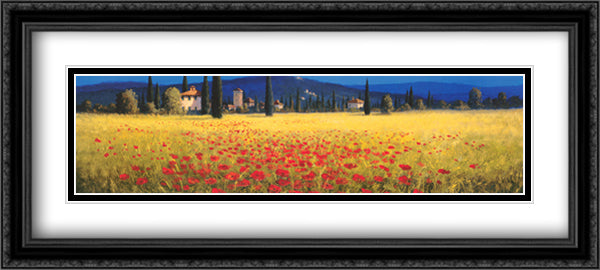Tuscan Panorama - Poppies 40x16 Black Ornate Wood Framed Art Print Poster with Double Matting by Short, David