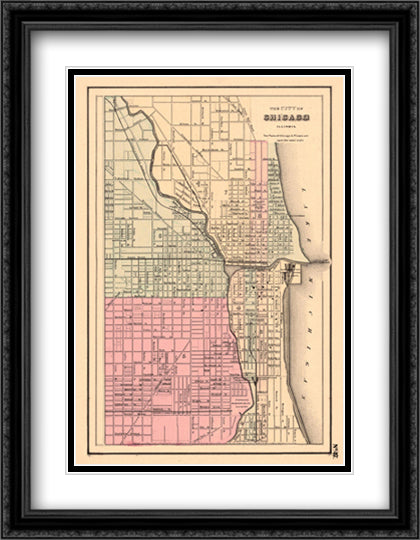 Chicago Street Map, c.1895 28x36 Black Ornate Wood Framed Art Print Poster with Double Matting