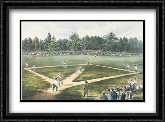 American National Game Of Baseball At The Elysian Fields 38x28 Black Ornate Wood Framed Art Print Poster with Double Matting by Currier and Ives