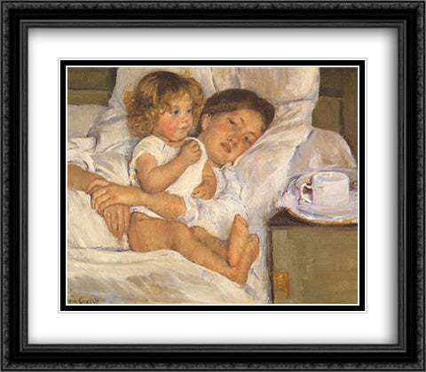 Breakfast in Bed 32x28 Black Ornate Wood Framed Art Print Poster with Double Matting by Cassatt, Mary