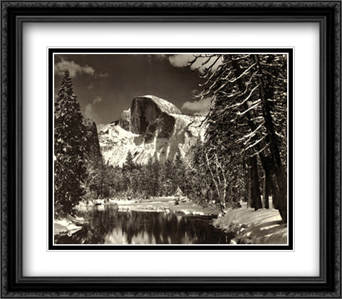 Half Dome, Merced River, Winter 34x28 Black Ornate Wood Framed Art Print Poster with Double Matting by Adams, Ansel