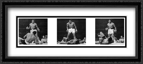Muhammad Ali - 1965 1st Round Knockout Against Sonny Liston - Triptych 40x16 Black Ornate Wood Framed Art Print Poster with Double Matting