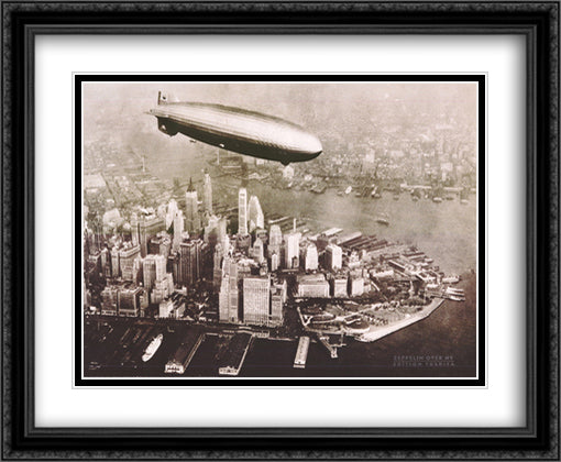 Zeppelin Over New York 36x28 Black Ornate Wood Framed Art Print Poster with Double Matting