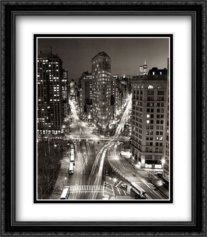 New York, Flatiron Building at Night 28x36 Black Ornate Wood Framed Art Print Poster with Double Matting by Silberman, Henri