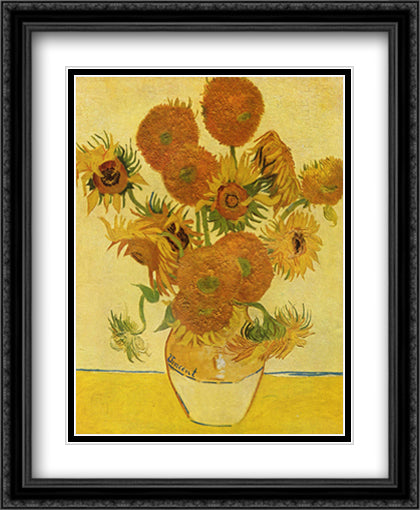 Sunflowers on Gold, 1888 36x28 Black Ornate Wood Framed Art Print Poster with Double Matting by Van Gogh, Vincent