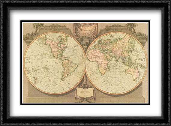 New Map of the World 40x28 Black Ornate Wood Framed Art Print Poster with Double Matting