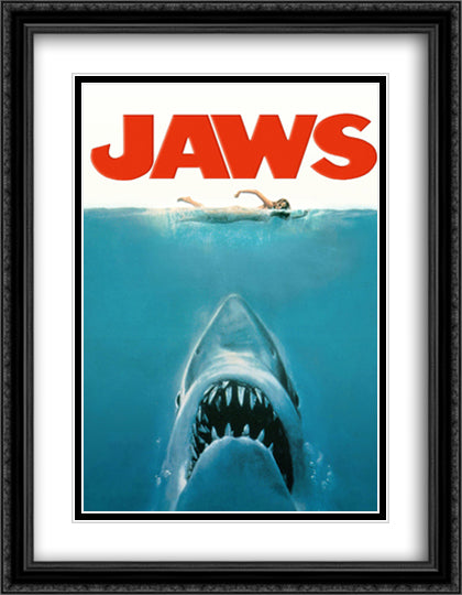 Jaws 28x36 Black Ornate Wood Framed Movie Poster with Double Matting