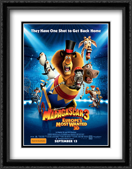 Madagascar 3 28x36 Black Ornate Wood Framed Movie Poster with Double Matting