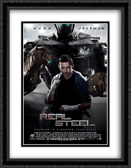 Reel Steel 28x36 Black Ornate Wood Framed Movie Poster with Double Matting