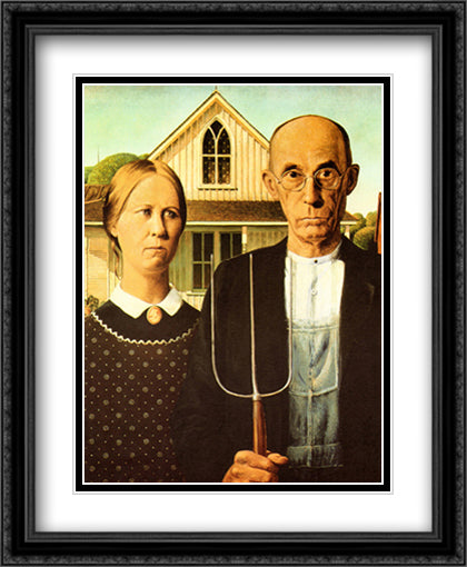 American Gothic 28x34 Black Ornate Wood Framed Art Print Poster with Double Matting by Wood, Grant