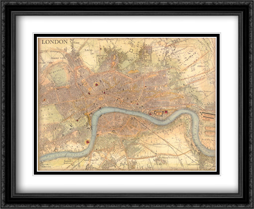 Map of London 34x28 Black Ornate Wood Framed Art Print Poster with Double Matting