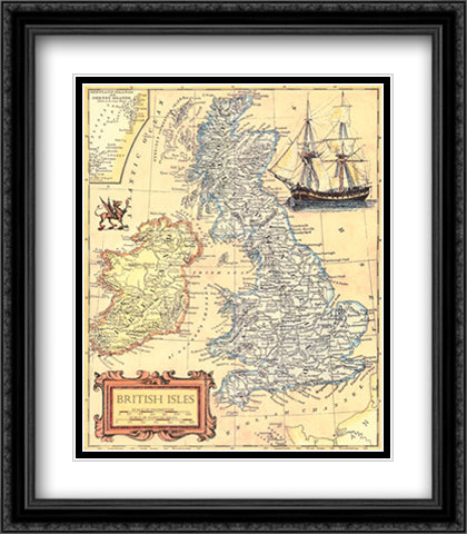 British Isles Map 28x32 Black Ornate Wood Framed Art Print Poster with Double Matting