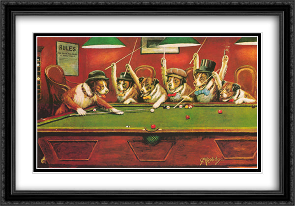 Dogs Playing Pool 40x28 Black Ornate Wood Framed Art Print Poster with Double Matting