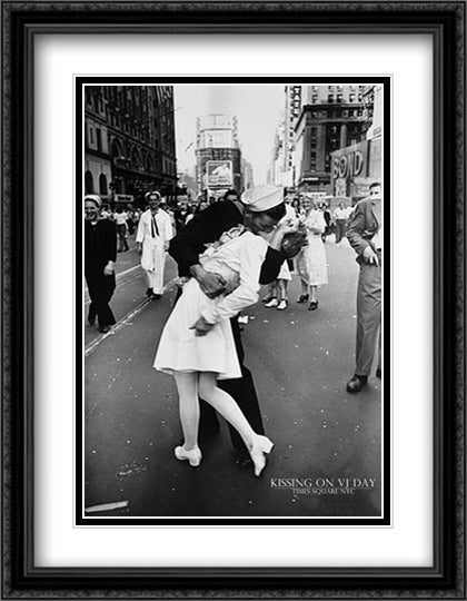 Kissing on VJ Day 28x40 Black Ornate Wood Framed Art Print Poster with Double Matting