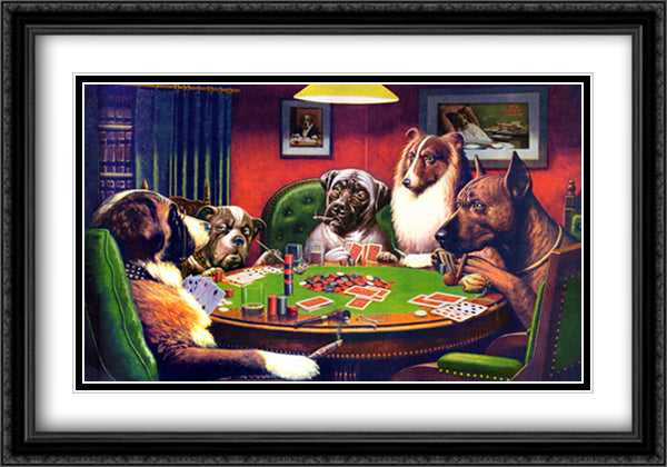 Dogs Playing Poker 40x28 Black Ornate Wood Framed Art Print Poster with Double Matting by Coolidge, Cassius Marcellus