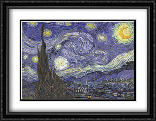 Starry Night 40x28 Black Ornate Wood Framed Art Print Poster with Double Matting by Van Gogh, Vincent