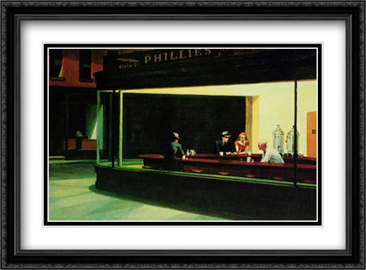 Nighthawks 38x28 Black Ornate Wood Framed Art Print Poster with Double Matting by Hopper, Edward