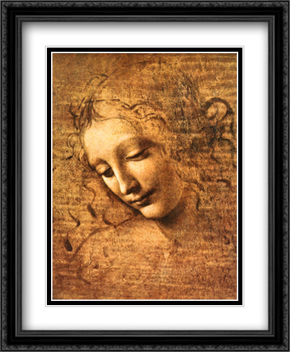 Female Head (La Scapigliata) 28x34 Black Ornate Wood Framed Art Print Poster with Double Matting by da Vinci, Leonardo