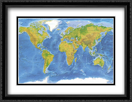 World Terrain Map 40x28 Black Ornate Wood Framed Art Print Poster with Double Matting