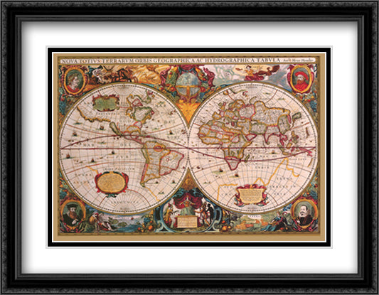 17th Century World Map 40x28 Black Ornate Wood Framed Art Print Poster with Double Matting